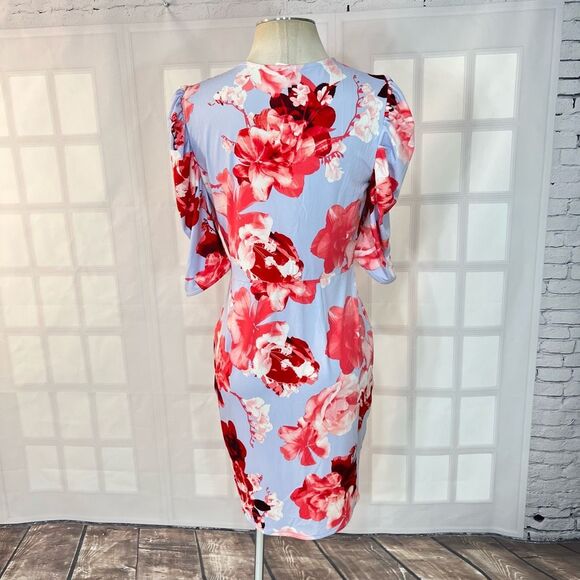 Venus light blue floral short puff sleeve grommet cutout waist summer party dres - Picture 7 of 13